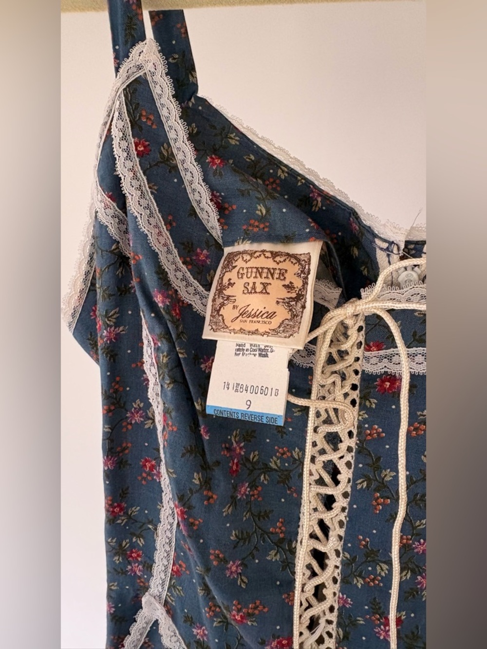 Vintage Gunne Sax by Jessica Blue Floral Corset Lace-Up Prairie Dress German - Picture 5 of 9
